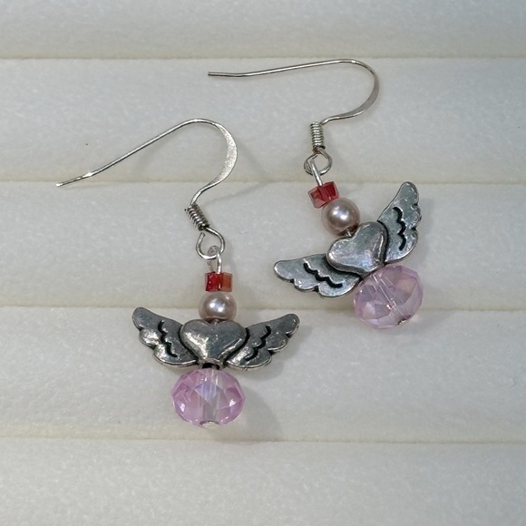 Handmade Pink Heart Wings Angel Earrings Glass & Faux Pearls Dainty Silver Tone - Picture 7 of 8